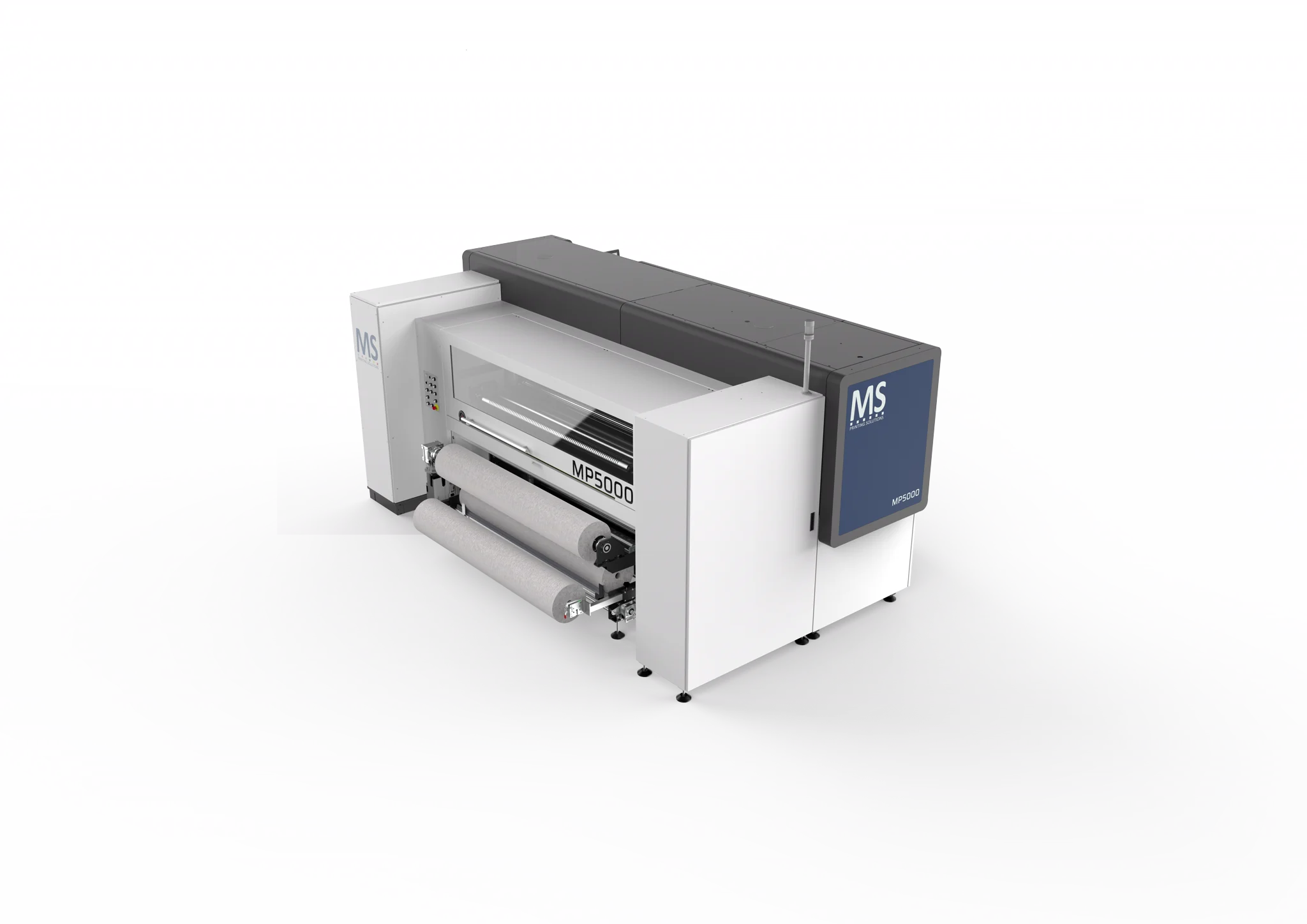 MP5000 printer rear three-quarter roll-handling view