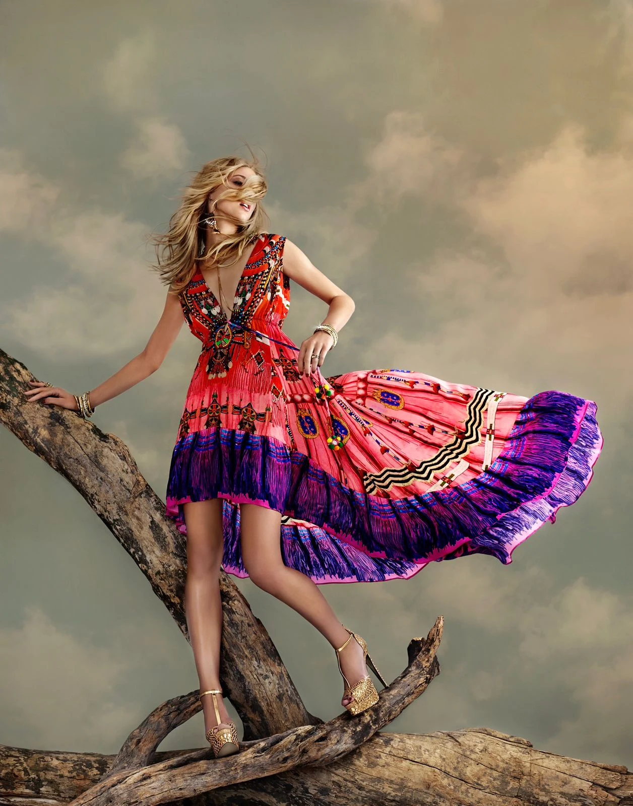 Red and pink digitally printed flowing fashion dress